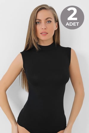 2 Adet Bambu Kadın Balıkçı Yaka Sıfır Kol Body Boğazlı Kolsuz Badi