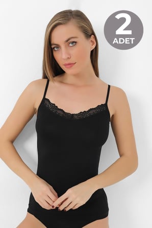 Kadın Bambu V Yaka İp Askılı Dantelli Atlet 2'li Paket