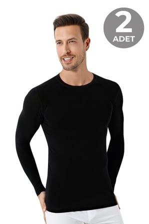 Erkek Bisiklet Yaka Uzun Kollu Fanila Tişört 2'li Paket %100 Pamuk Penye
