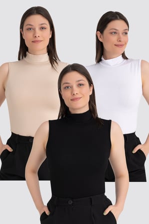 Kadın Balıkçı Yaka Kolsuz Body 3'lü Paket