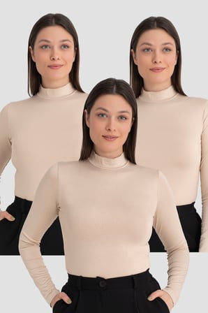 Kadın Balıkçı Yaka Uzun Kollu Body 3 Adet