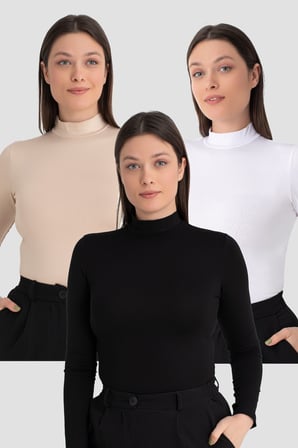 Kadın Balıkçı Yaka Uzun Kollu Body 3 Adet