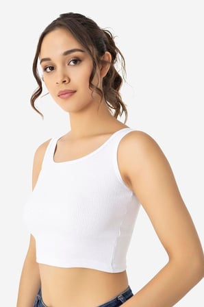 Kadın Pamuklu Fitilli Halter Yaka Kalın Askılı Crop Büstiyer Beyaz