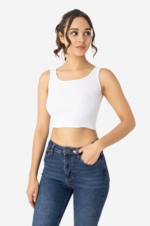 Kadın Pamuklu Fitilli Halter Yaka Kalın Askılı Crop Büstiyer Beyaz
