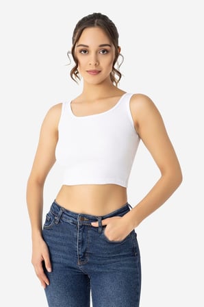 Kadın Pamuklu Fitilli Halter Yaka Kalın Askılı Crop Büstiyer Beyaz