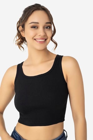 Kadın Pamuklu Fitilli Halter Yaka Kalın Askılı Crop Büstiyer Siyah