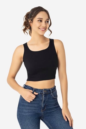 Kadın Pamuklu Fitilli Halter Yaka Kalın Askılı Crop Büstiyer Siyah