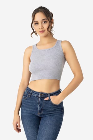 Kadın Pamuklu Fitilli Halter Yaka Kalın Askılı Crop Büstiyer Gri