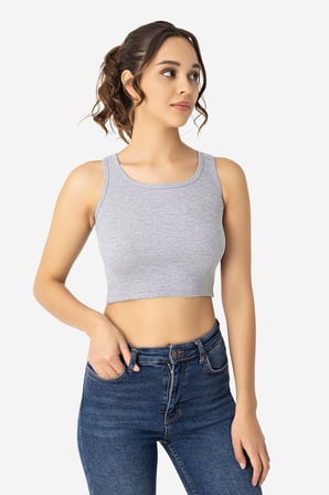 Kadın Pamuklu Fitilli Halter Yaka Kalın Askılı Crop Büstiyer Gri