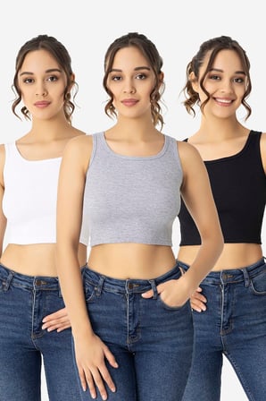 Kadın Pamuklu Kaşkorse Bisiklet Yaka Kalın Askılı Crop Siyah Beyaz Gri 3'lü Set