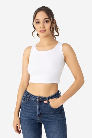 Kadın Pamuklu Fitilli Halter Yaka Kalın Askılı Crop Beyaz