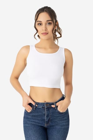 Kadın Pamuklu Fitilli Halter Yaka Kalın Askılı Crop Beyaz
