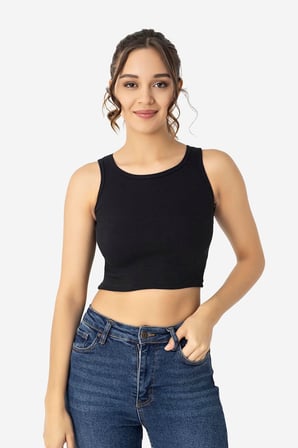 Kadın Pamuklu Fitilli Halter Yaka Kalın Askılı Crop Siyah