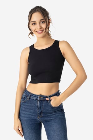 Kadın Pamuklu Fitilli Halter Yaka Kalın Askılı Crop Siyah