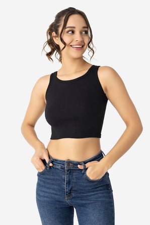 Kadın Pamuklu Fitilli Halter Yaka Kalın Askılı Crop Siyah