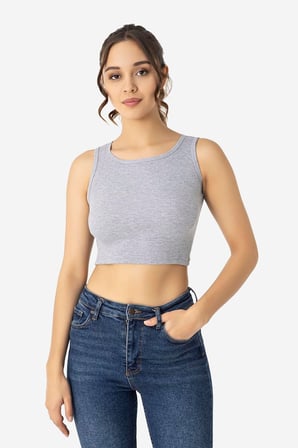 Kadın Pamuklu Fitilli Halter Yaka Kalın Askılı Crop Gri