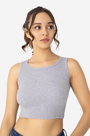 Kadın Pamuklu Fitilli Halter Yaka Kalın Askılı Crop Gri