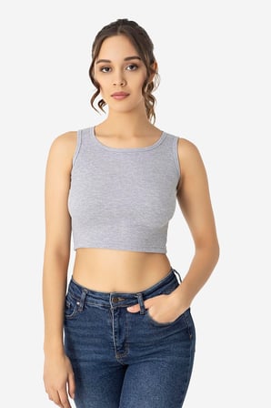 Kadın Pamuklu Fitilli Halter Yaka Kalın Askılı Crop Gri