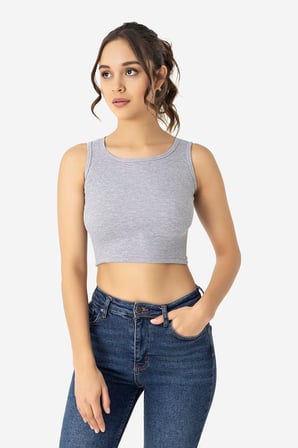 Kadın Pamuklu Fitilli Halter Yaka Kalın Askılı Crop Gri