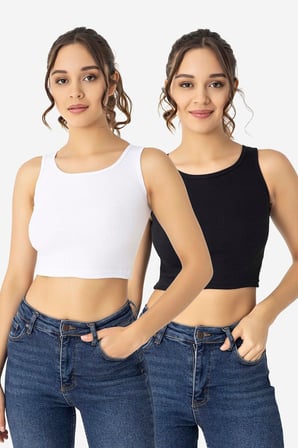 Kadın Pamuklu Fitilli Halter Yaka Kalın Askılı Crop Beyaz Siyah 2'li Paket