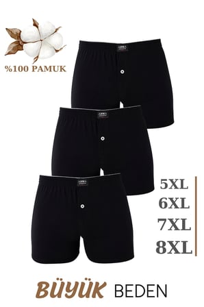 3'lü Paket Erkek Büyük Beden Boxer %100 Pamuklu Penye Geniş Kalıp Battal Boy İç Çamaşırı