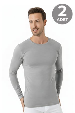 Erkek Bisiklet Yaka Uzun Kollu Fanila Tişört 2'li Paket %100 Pamuk Penye