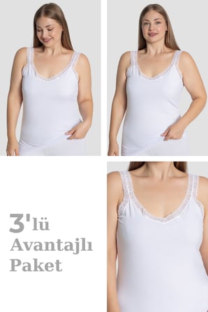 Kadın Büyük Beden Pamuklu Dantelli Atlet Esnek ve Rahat Beyaz 3'lü Paket