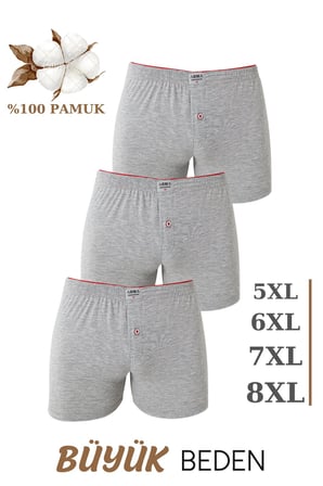 3'lü Paket Erkek Büyük Beden Boxer %100 Pamuklu Penye Geniş Kalıp Battal Boy İç Çamaşırı