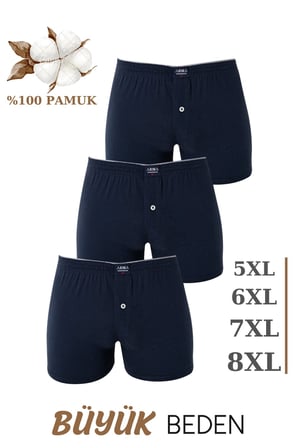 3'lü Paket Erkek Büyük Beden Boxer %100 Pamuklu Penye Geniş Kalıp Battal Boy İç Çamaşırı