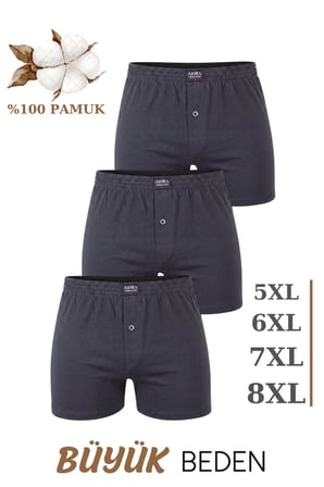3'lü Paket Erkek Büyük Beden Boxer %100 Pamuklu Penye Geniş Kalıp Battal Boy İç Çamaşırı