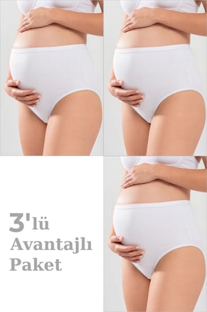 3'lü Paket Kadın Beyaz Pamuklu Likralı Yüksek Bel Hamile Lohusa Külot Esnek ve Rahat Kumaş