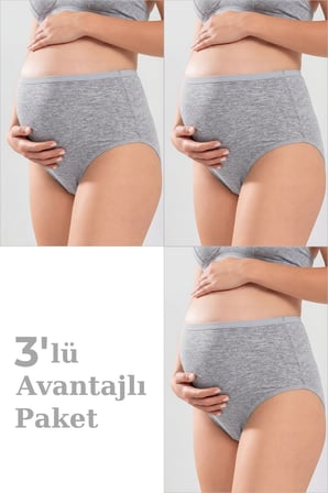 3'lü Paket Kadın Gri Pamuklu Likralı Yüksek Bel Hamile Lohusa Külot Esnek ve Rahat Kumaş