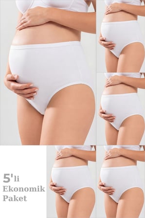 5'li Paket Beyaz Kadın Pamuklu Likralı Yüksek Bel Hamile Lohusa Külot