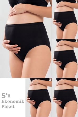 5'li Paket Siyah Kadın Pamuklu Likralı Yüksek Bel Hamile Lohusa Külot