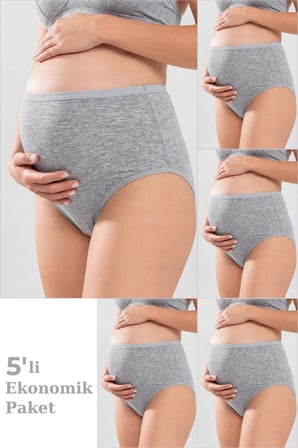 5'li Paket Gri Kadın Pamuklu Likralı Yüksek Bel Hamile Lohusa Külot