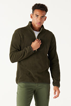 Erkek Haki Standart Fit Normal Kesim Fermuarlı Bato Yaka Isı Koruyan Polar Sweatshirt