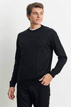 Erkek Siyah Standart Fit Normal Kesim Bisiklet Yaka Modern Desen Detaylı Kışlık Triko Kazak