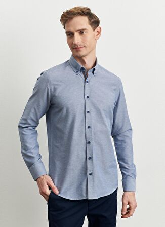 Erkek Indigo Slim Fit Dar Kesim Düğmeli Yaka Armürlü Gömlek