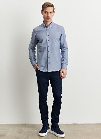 Erkek Indigo Slim Fit Dar Kesim Düğmeli Yaka Armürlü Gömlek