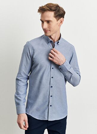 Erkek Indigo Slim Fit Dar Kesim Düğmeli Yaka Armürlü Gömlek