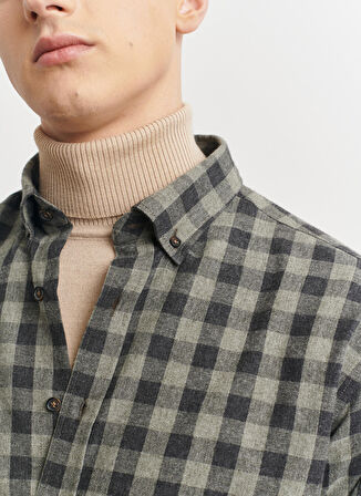 Erkek Antrasit-yeşil Comfort Fit Rahat Kesim Düğmeli Yaka Kareli Flanel Oduncu Gömlek