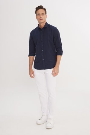 Slim Fit Dar Kesim İtalyan Yaka %100 Pamuk Gofre Gömlek