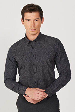 Erkek Siyah Slim Fit Dar Kesim Düğmeli Yaka Baskılı Gömlek