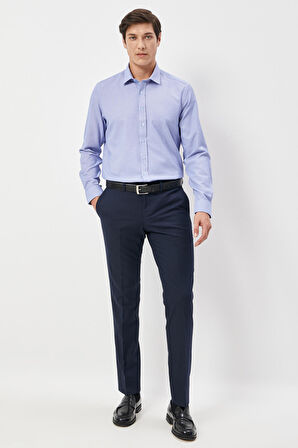 Erkek Mavı-beyaz Slim Fit Dar Kesim Klasik Yaka Armürlü Gömlek