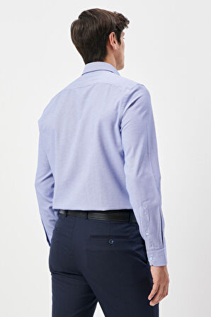 Erkek Mavı-beyaz Slim Fit Dar Kesim Klasik Yaka Armürlü Gömlek