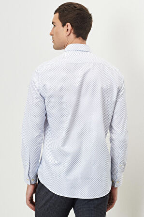 Erkek Beyaz-mavi Slim Fit Dar Kesim Düğmeli Yaka Baskılı Gömlek