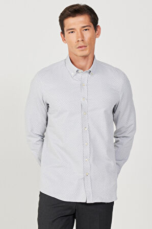 Erkek Gri Slim Fit Dar Kesim Düğmeli Yaka Armürlü Gömlek