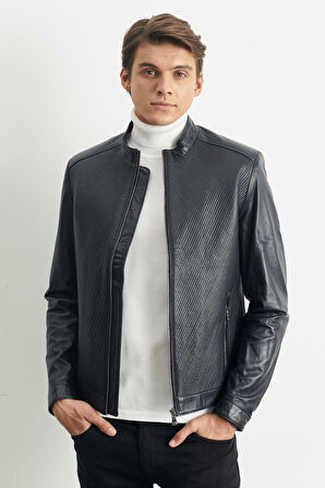 Erkek Lacivert Standart Fit Normal Kesim Bebe Yaka %100 Hakiki Deri Mont