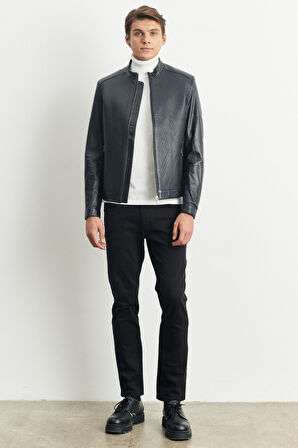 Erkek Lacivert Standart Fit Normal Kesim Bebe Yaka %100 Hakiki Deri Mont