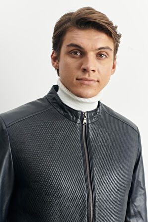 Erkek Lacivert Standart Fit Normal Kesim Bebe Yaka %100 Hakiki Deri Mont